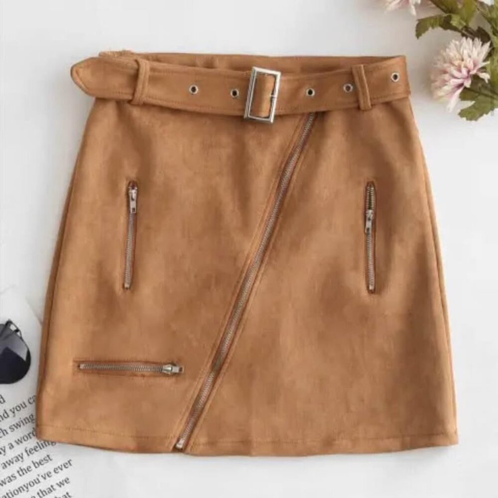 Faux Sued Asymmetrical Mini Skirt
